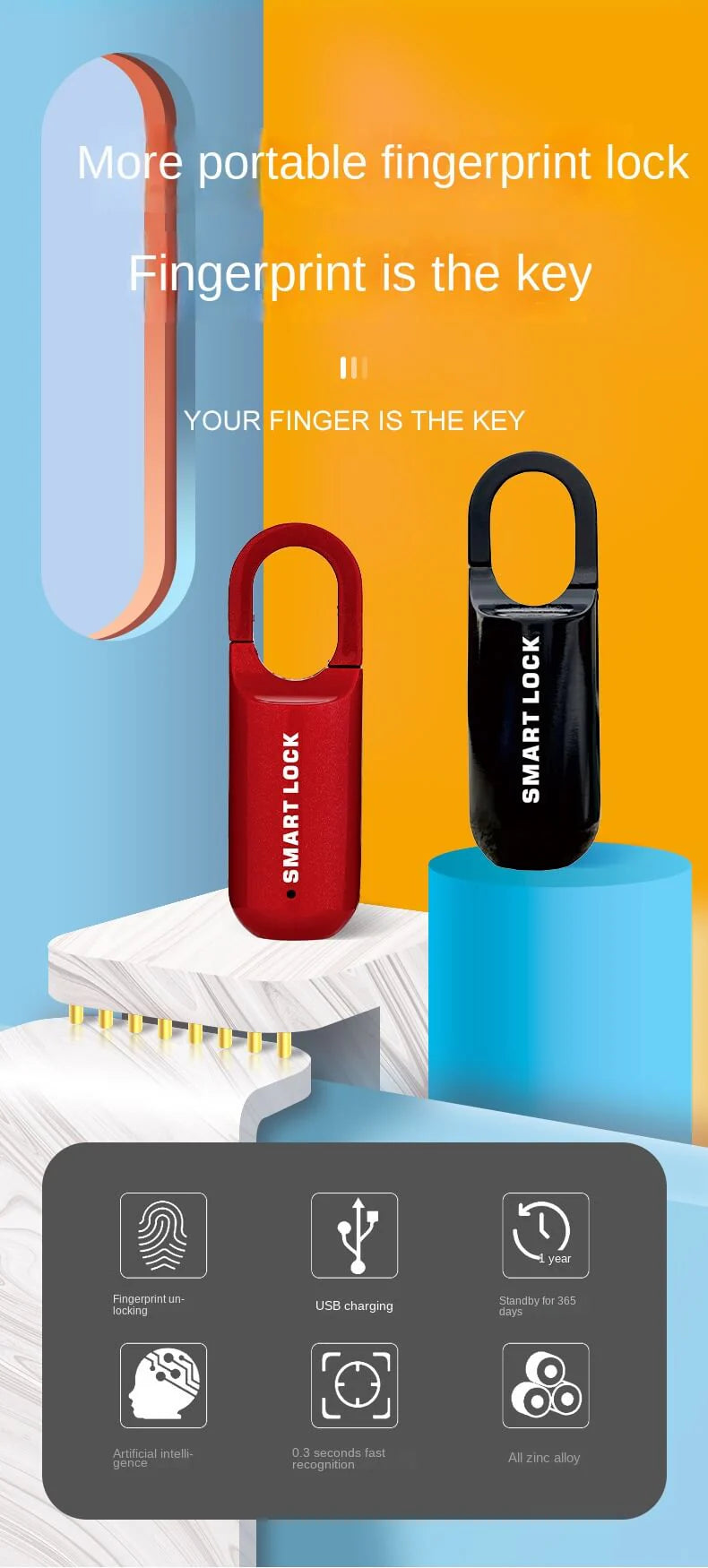 Portable USB Rechargeable Fingerprint Lock: Secure Your Backpack, Gym Locker, House Door, or Luggage with Ease